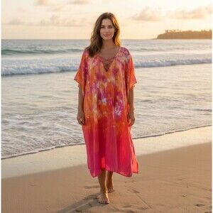 Tommy Bahama Tidal Tie Dye V-Neck Long Caftan L XL Pink Cover Up Tassel Beach